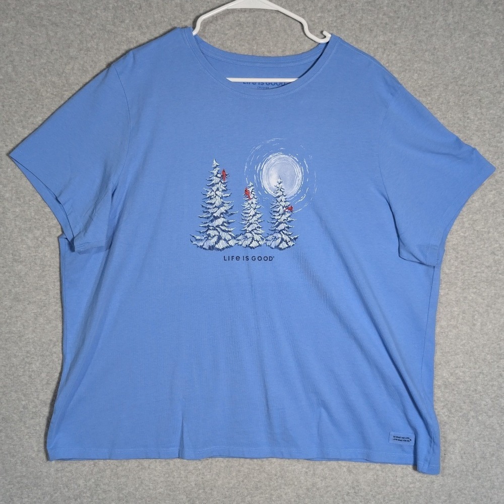 Life is Good Crusher T-Shirt Womens XXXL Blue New Winter Snowy Trees Cardinals